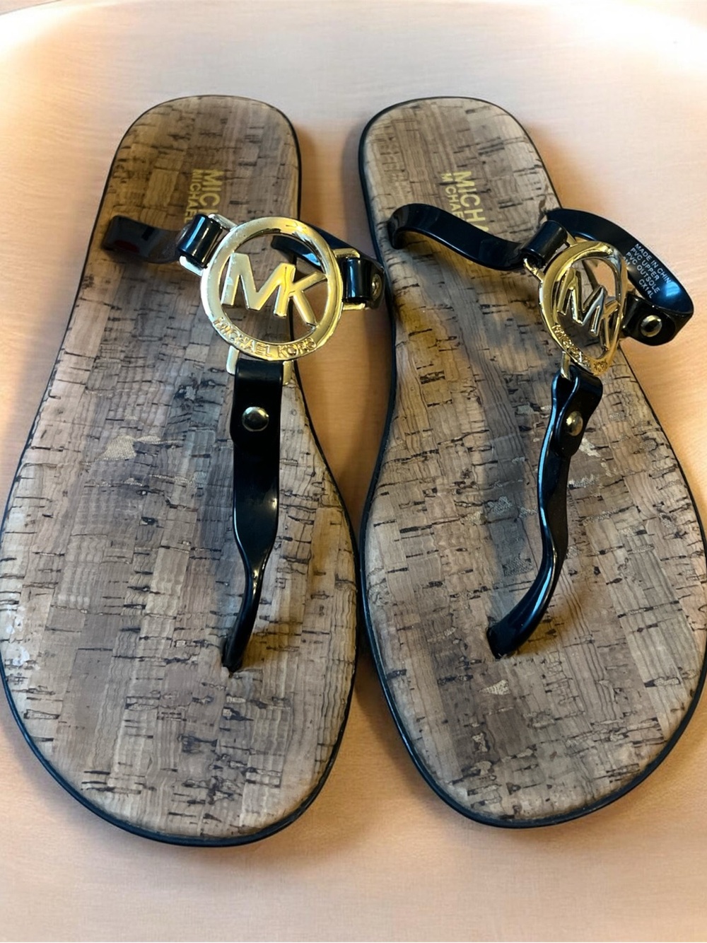 Michael Kors Black and Gold Logo Thong Sandals